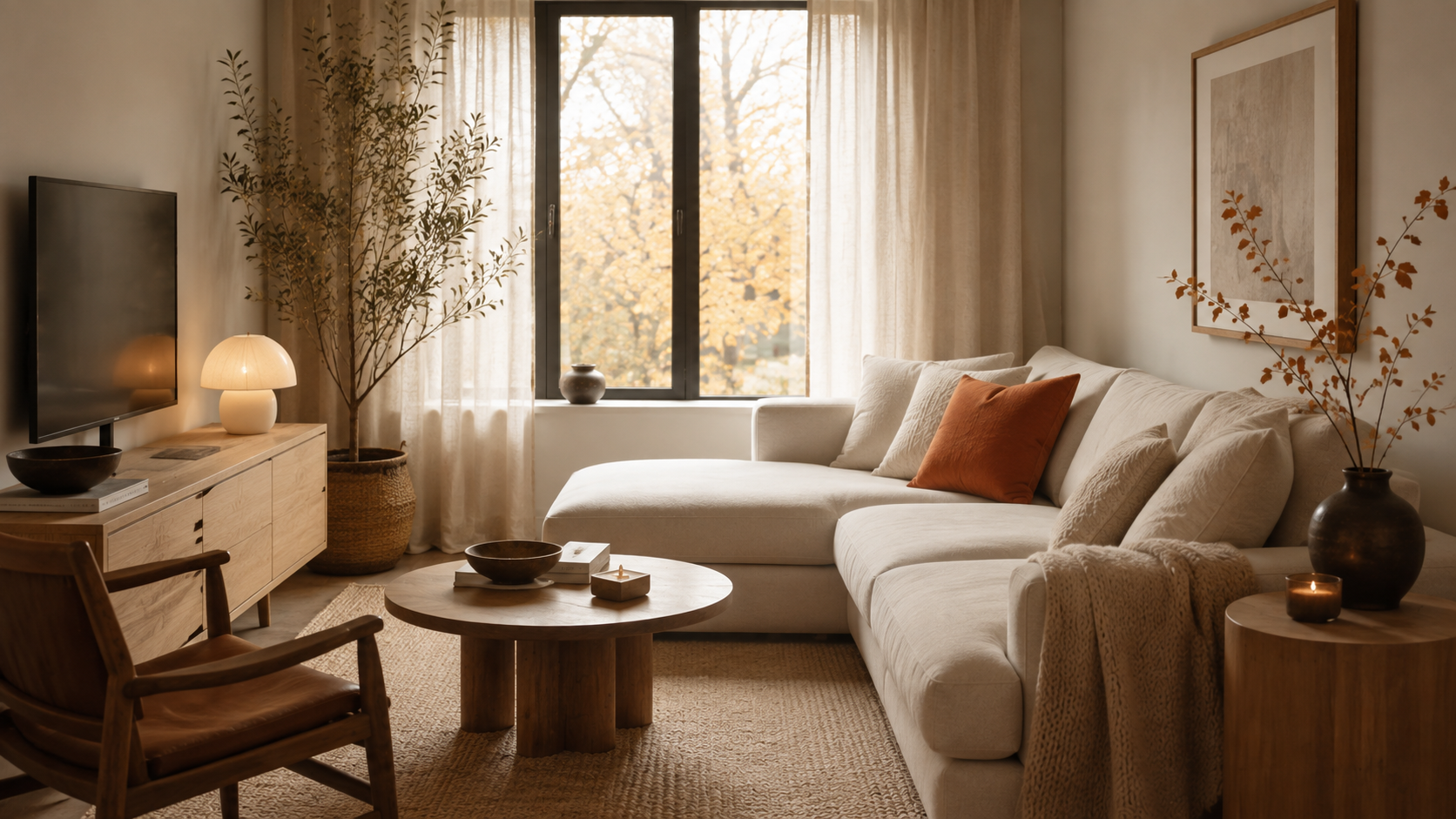 Small apartment living room with cream furniture, light wood and minimal persimmon accents